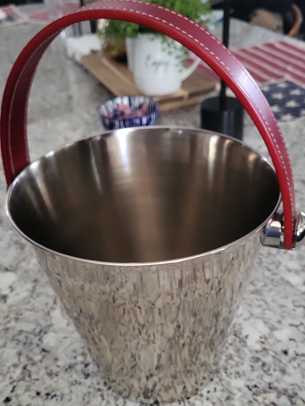 Crate&Barrel Stainless Steel Ice Bucket with Red Leather Handle